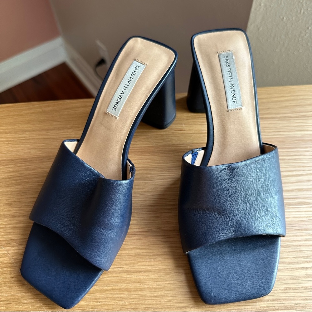 Saks Fifth Avenue Taylor Leather Block-heel Sandals In Navy